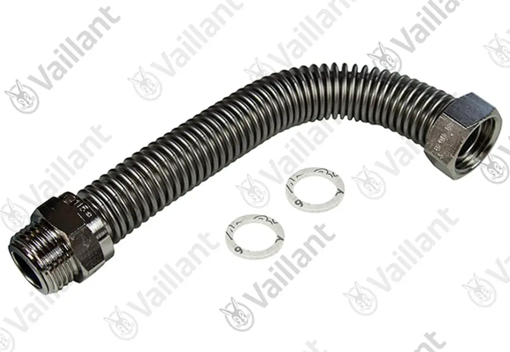 Flexibles Gasrohr von Vaillant mit einer gewellten Oberfläche und zwei dazugehörigen Dichtungen. Das Rohr hat an beiden Enden Verschraubungen.